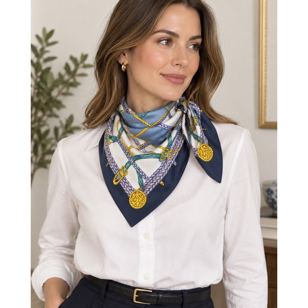 Trussardi Scarf Navy Blue Silk Nautical Equestrian Rope Belt Square 23x23